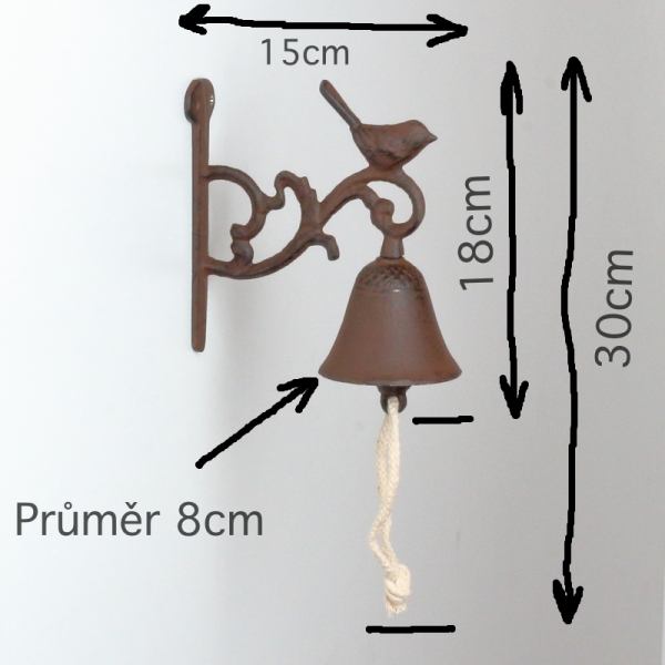 Záhradný liatinový zvonček na stenu s vtáčikom 15x30cm