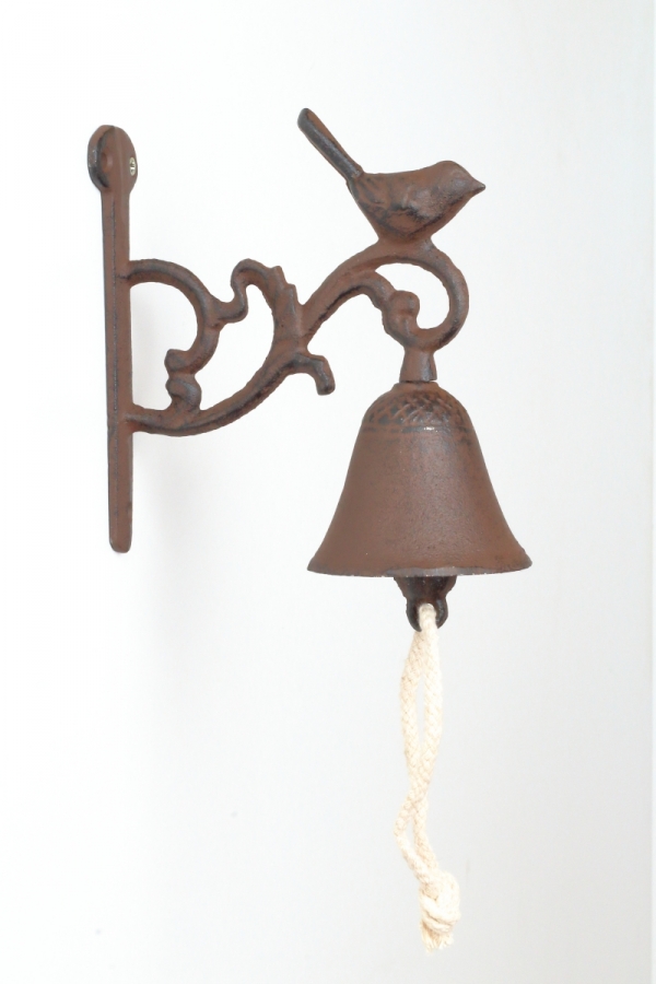 Záhradný liatinový zvonček na stenu s vtáčikom 15x30cm