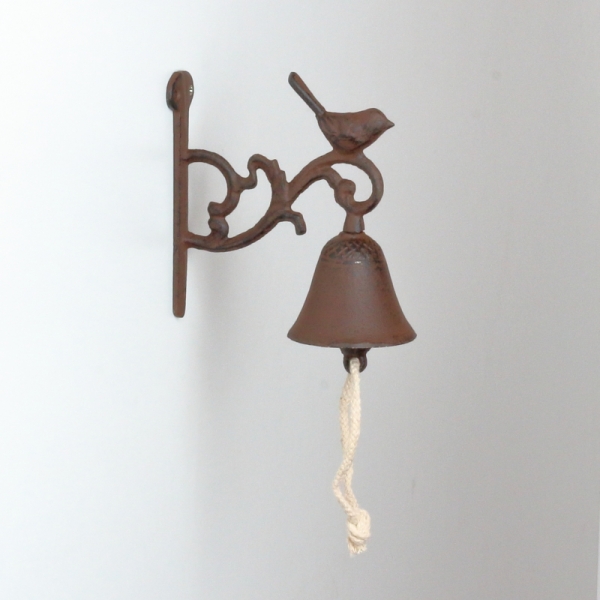 Záhradný liatinový zvonček na stenu s vtáčikom 15x30cm