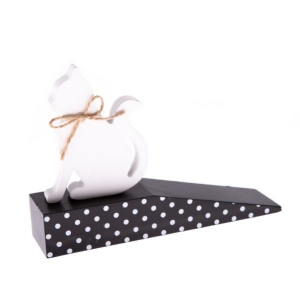 Zarážka dverí s bielou mačkou 17,5 x 4 x 10 cm drevená