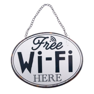 Závesná ceduľa Free Wi-Fi HERE oválna 17,5 x 13,5 x 0,5 cm kovová