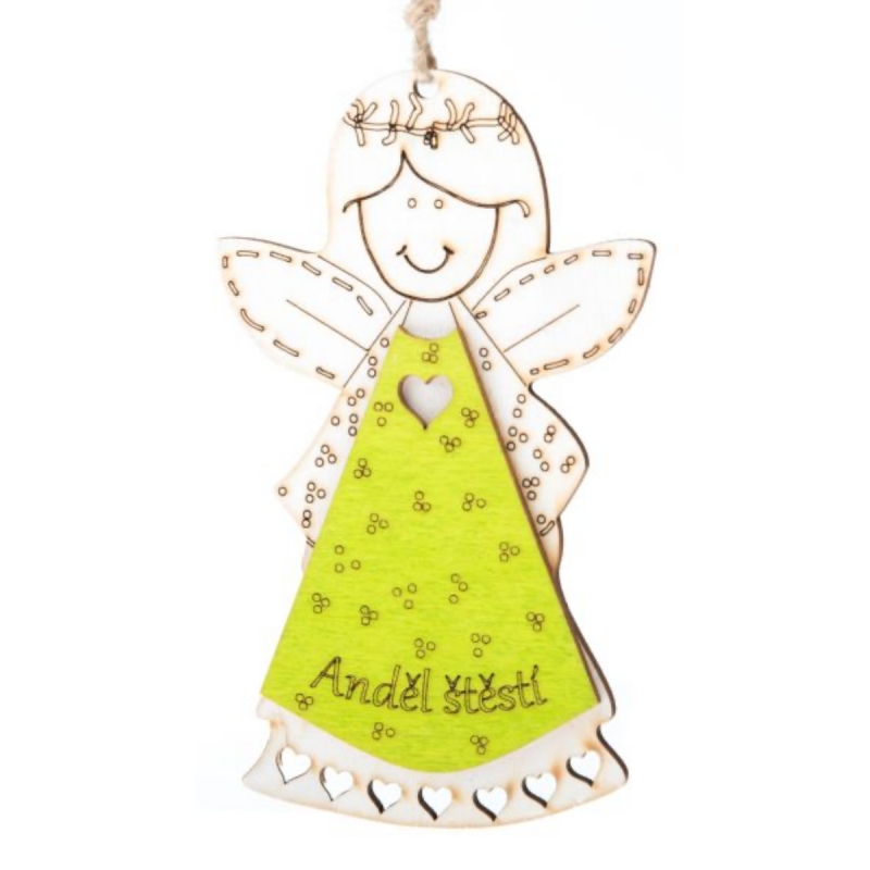 Závesná dekorácia Anjel šťastia žltý s nápisom v 13 cm drevený