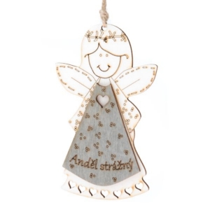 Závesná dekorácia Anjel strážny šedý s nápisom v 13 cm drevený