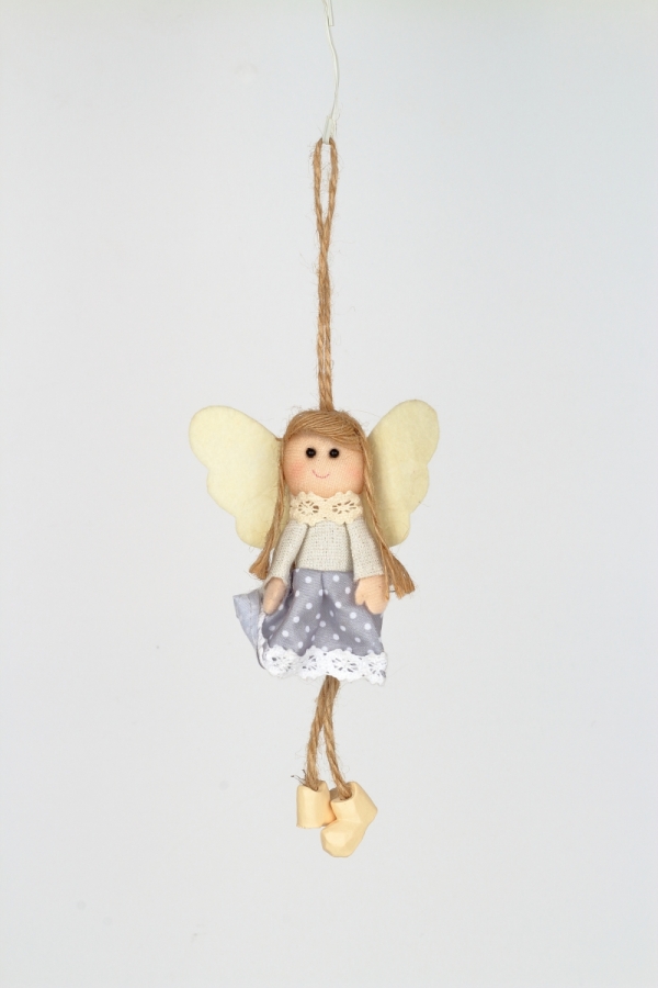 Závesná dekorácia anjel v šedých šatách s bodkami 14cm