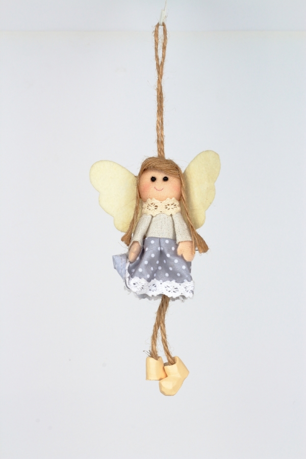 Závesná dekorácia anjel v šedých šatách s bodkami 14cm