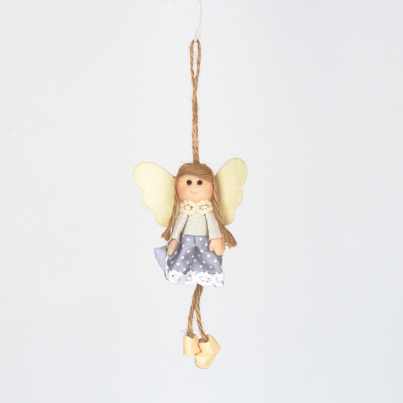 Závesná dekorácia anjel v šedých šatách s bodkami 14cm