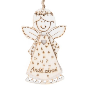 Závesná dekorácia Anjel zdravie prírodný s nápisom v 13 cm drevený