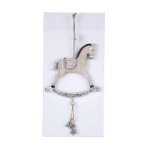 Závesná dekorácia hojdací koník so zvončekmi 13 x 21,5 x 1 cm drevený