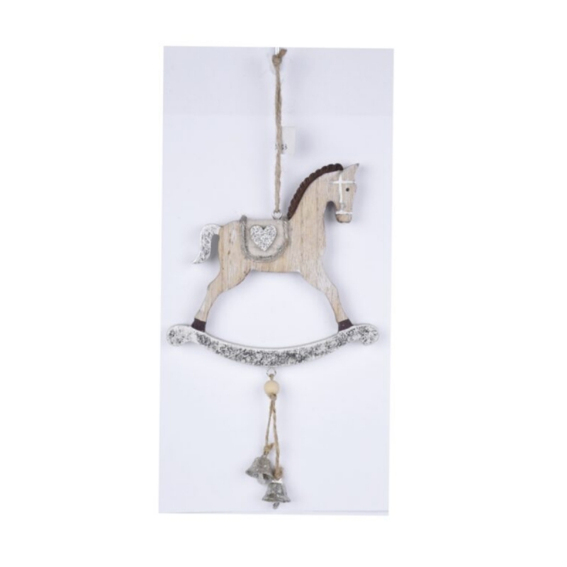 Závesná dekorácia hojdací koník so zvončekmi 13 x 21,5 x 1 cm drevený
