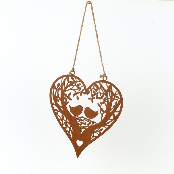 Závesná dekorácia hrdzavé srdce s vtáčikmi 18cm