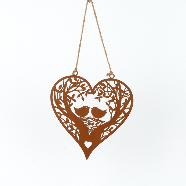 Závesná dekorácia hrdzavé srdce s vtáčikmi 18cm