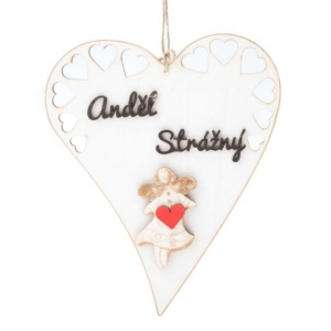 Závesná dekorácia srdce so strážnym anjelom 18,5 x 23 cm drevené