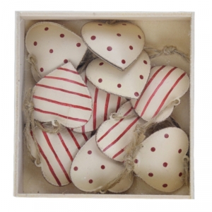 Závesná dekorácia srdiečko s červeným zdobením box 10ks 