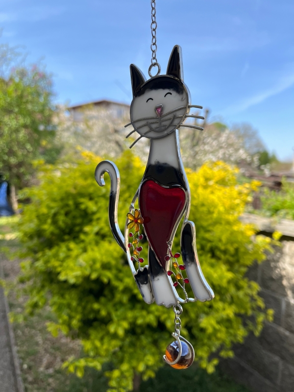 Závesná sklenená dekorácia do okna mačka 30cm typ2