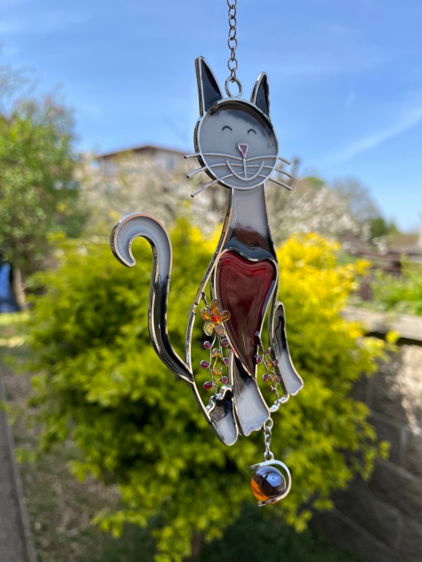 Závesná sklenená dekorácia do okna mačka 30cm typ2