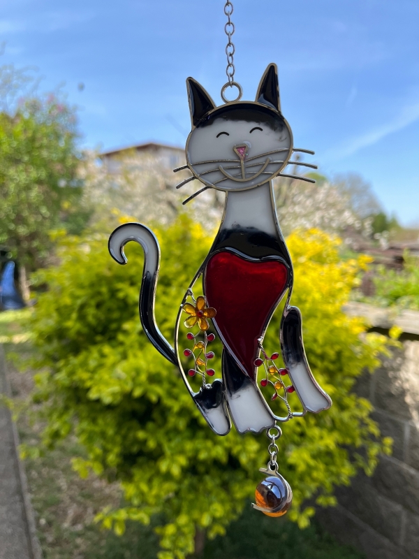 Závesná sklenená dekorácia do okna mačka 30cm typ2