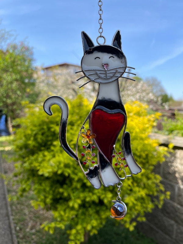 Závesná sklenená dekorácia do okna mačka 30cm typ2