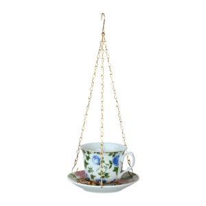 Závesné porcelánové krmítko pre vtáky – modrý šálka s kvetinami