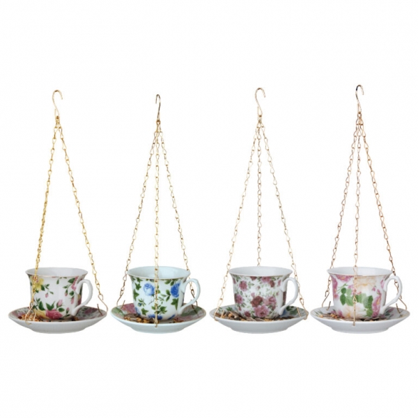 Závesné porcelánové krmítko pre vtáky – modrý šálka s kvetinami