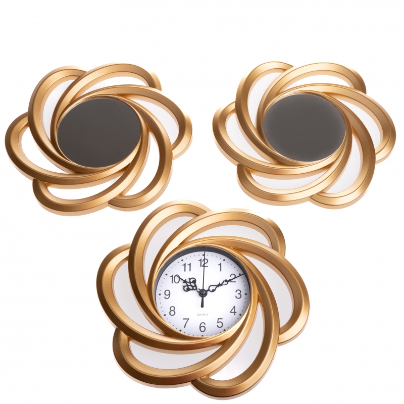 Zrkadlá na stenu 2 kusy + 1x nástenné hodiny 24,5cm