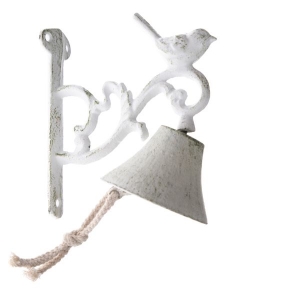 Zvonček na konzole s vtáčikom biely 17 x 17 x 8 cm liatina