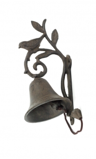 Zvonček na konzolu s vtáčikom a lístkami 22x12cm